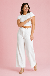 Pantalon large blanc ceinture dentelle | Porté sur une silhouette plus ronde | Lounelle Paris