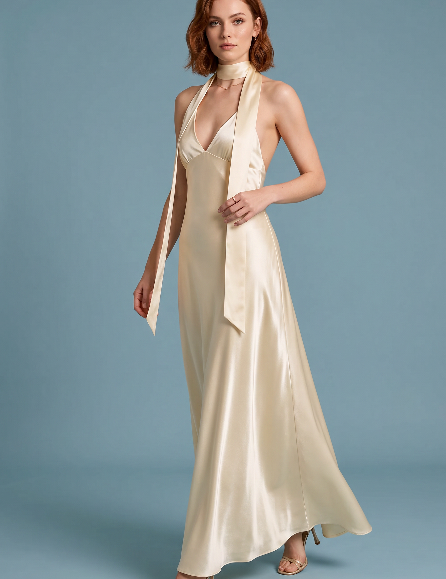 Robe champagne satinée dos nu | Vue de face | Lounelle Paris