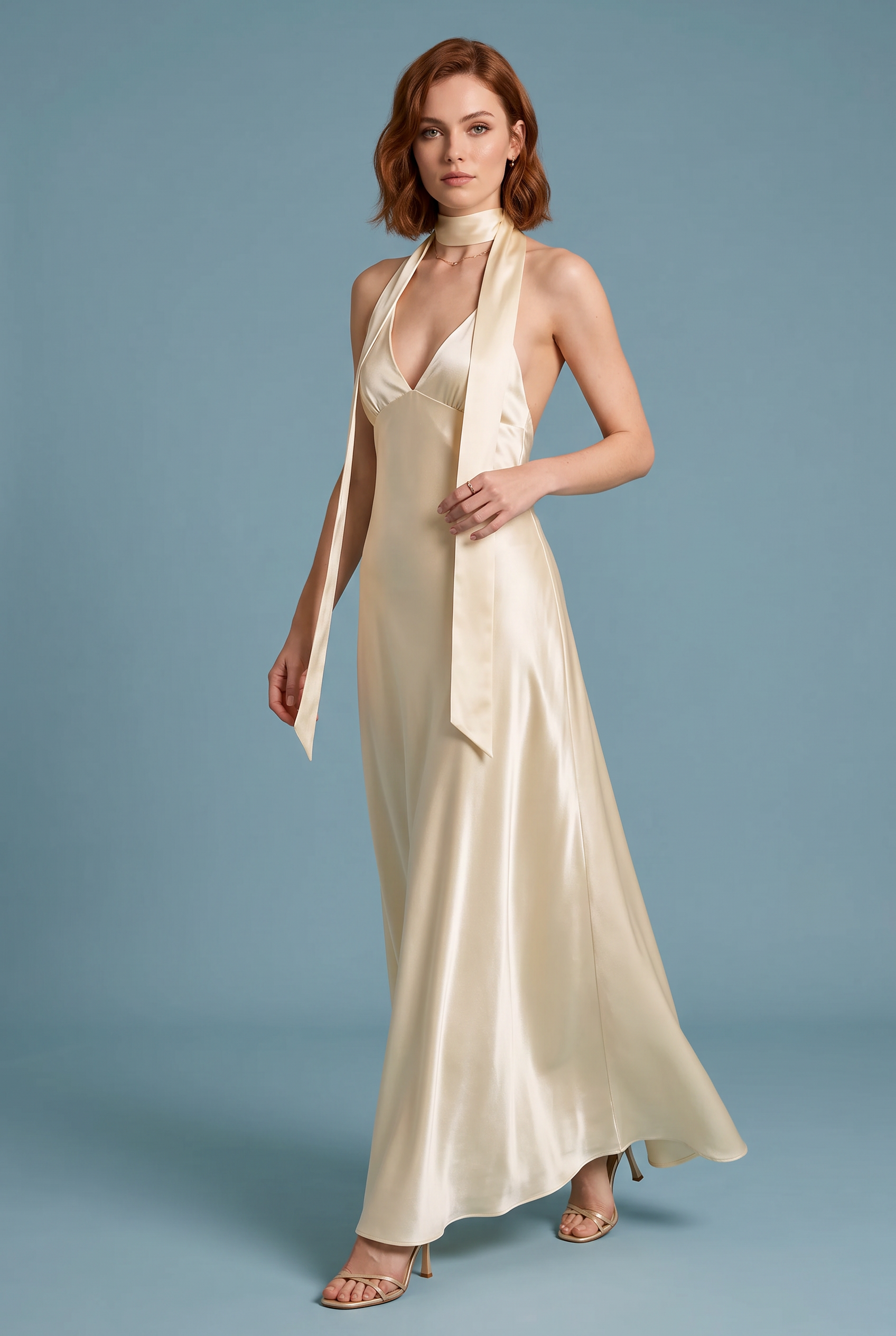 Robe champagne satinée dos nu | Vue de face | Lounelle Paris