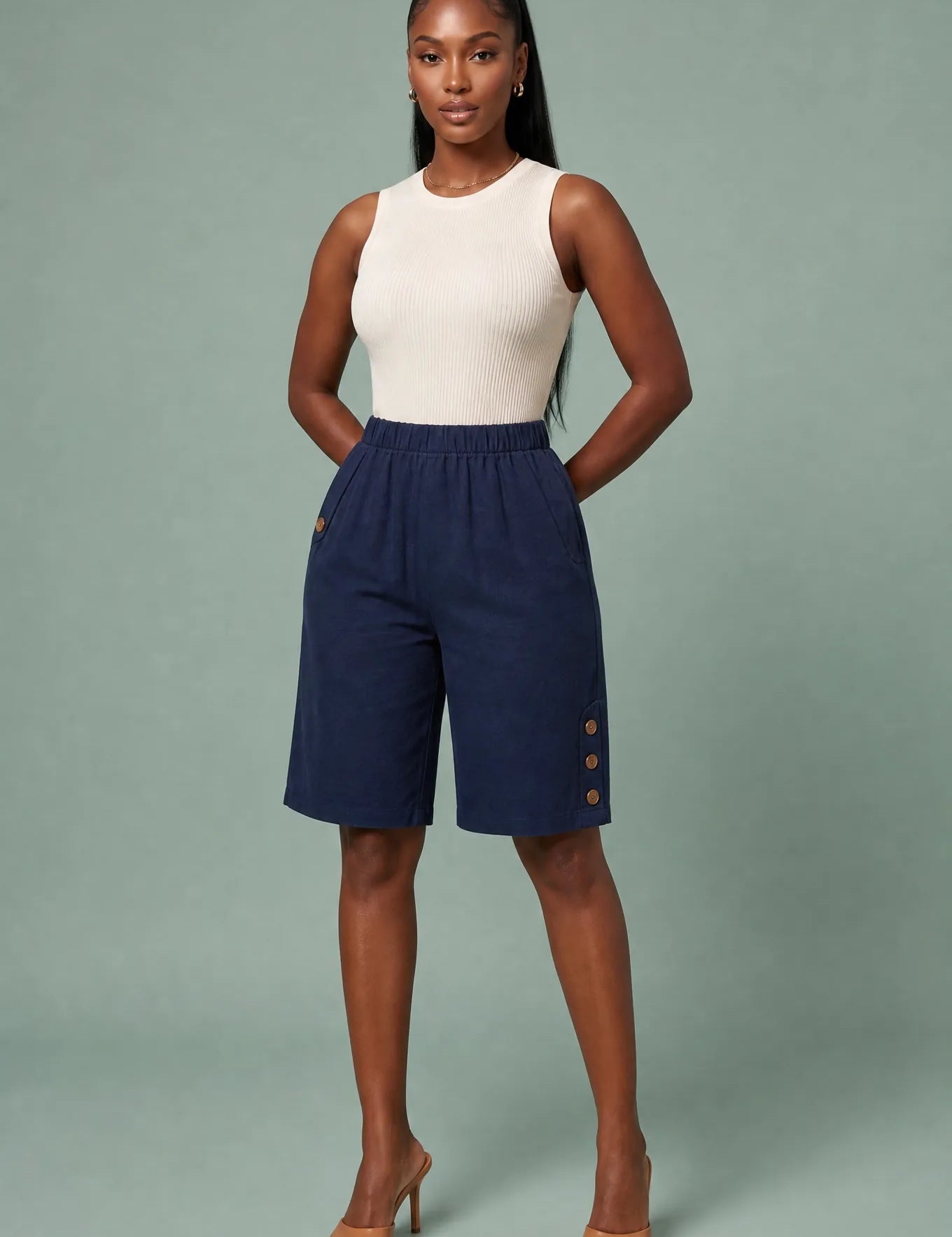 Bermuda droit taille haute | Variante Bleu marine | Lounelle Paris