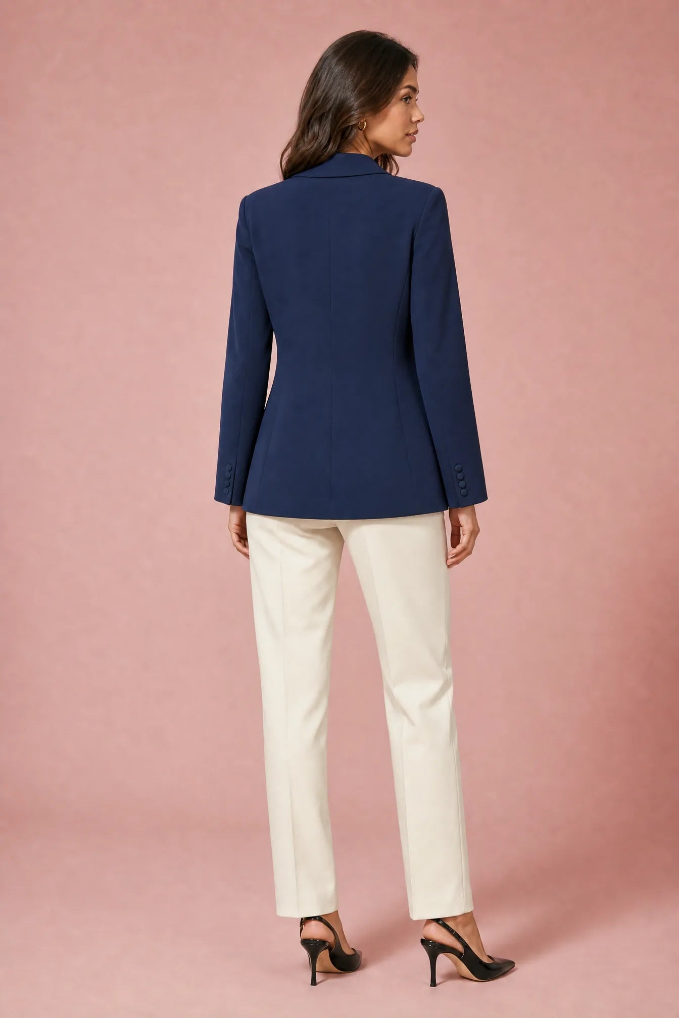 Blazer bleu marine ajusté double boutonnage | Vue de dos | Lounelle Paris