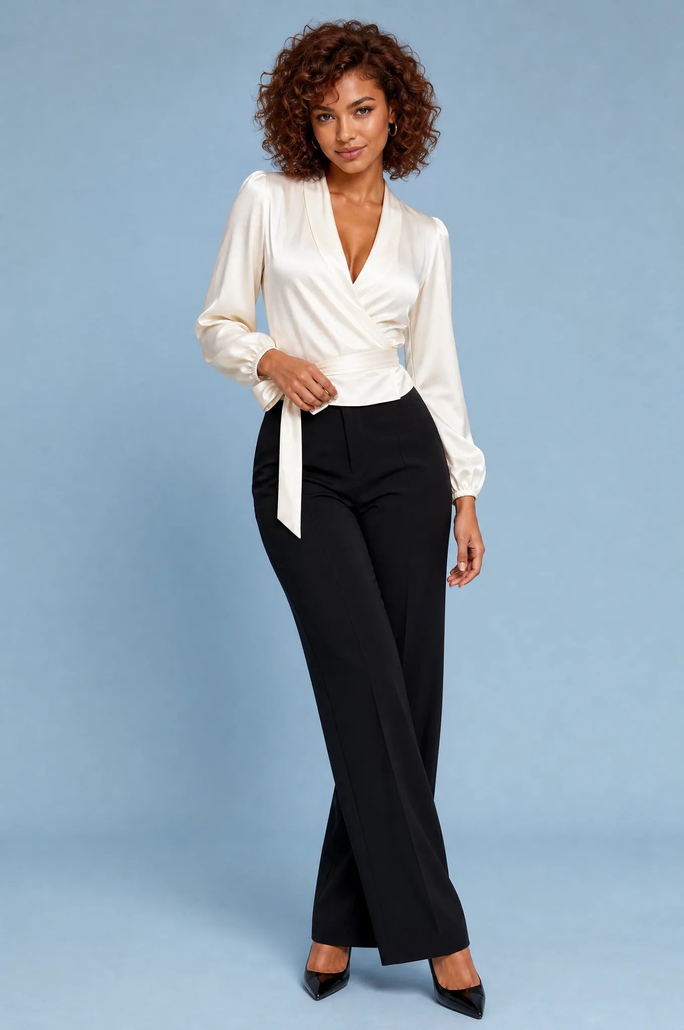 Blouse satinée cache-cœur | Vue de face | Lounelle Paris