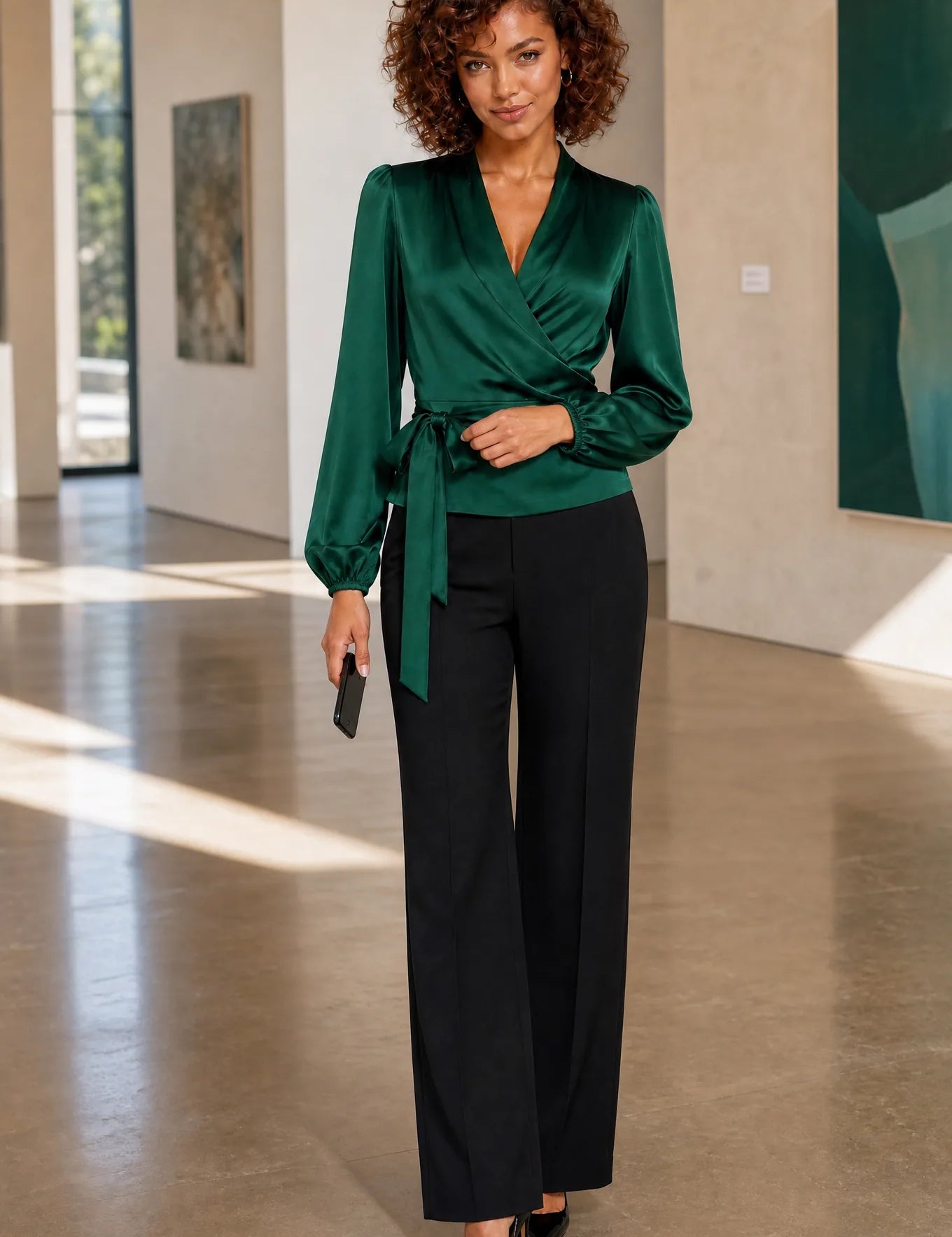 Blouse satinée cache-cœur | Variante Vert - Lifestyle | Lounelle Paris