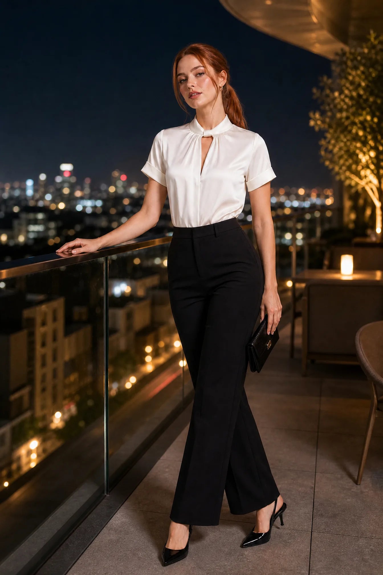 Blouse satinée col montant manches courtes | Deuxième photo lifestyle | Lounelle Paris
