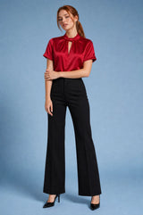 Satin High-Neck Short-Sleeve Blouse