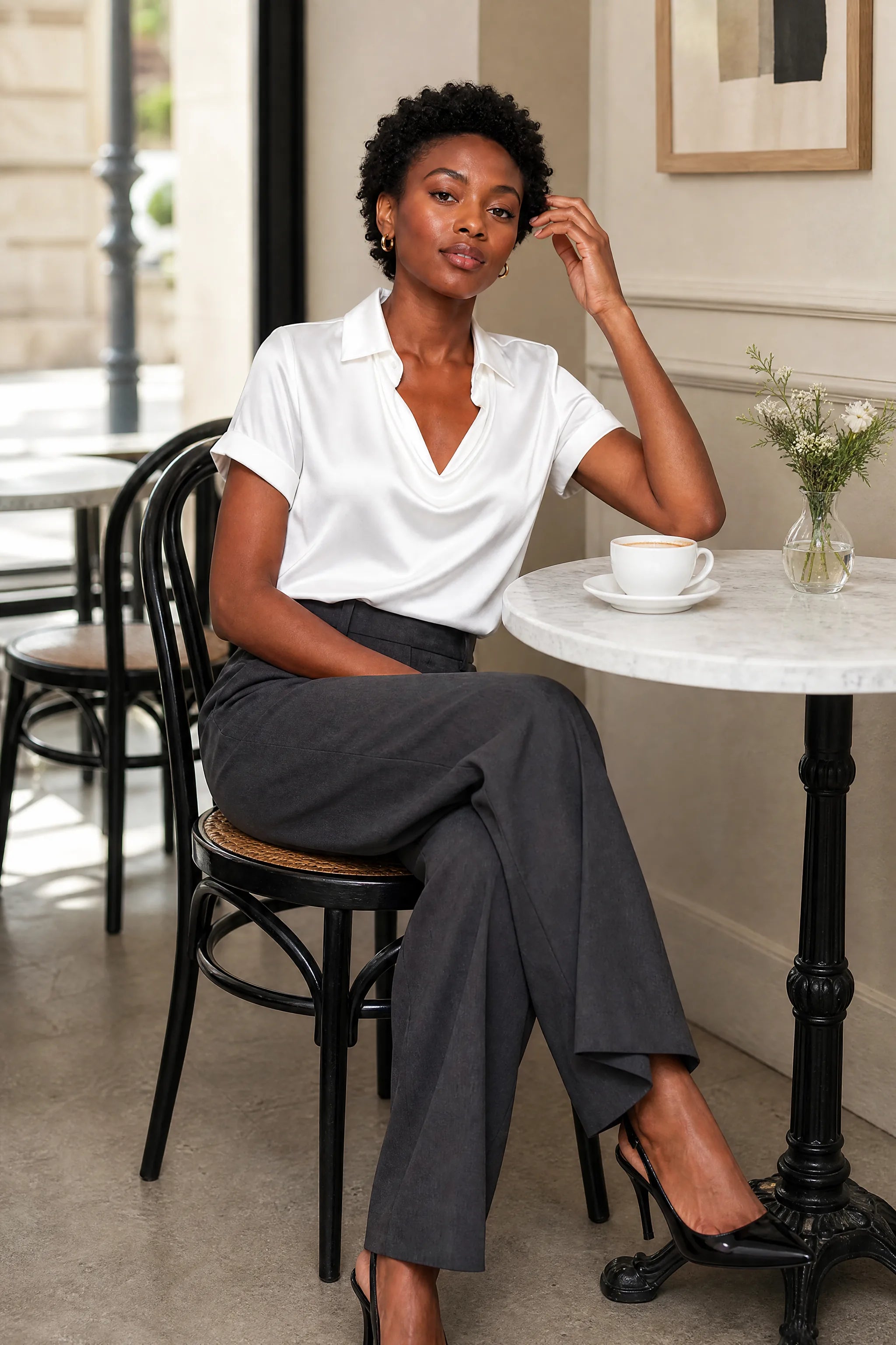 Blouse satinée encolure drapée | Photo lifestyle | Lounelle Paris