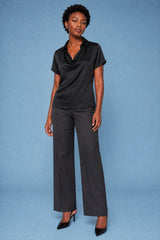 Short-Sleeve Satin Cowl-Neck Blouse
