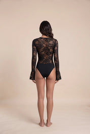 Body noir en dentelle à col V | Vue de dos | Lounelle Paris