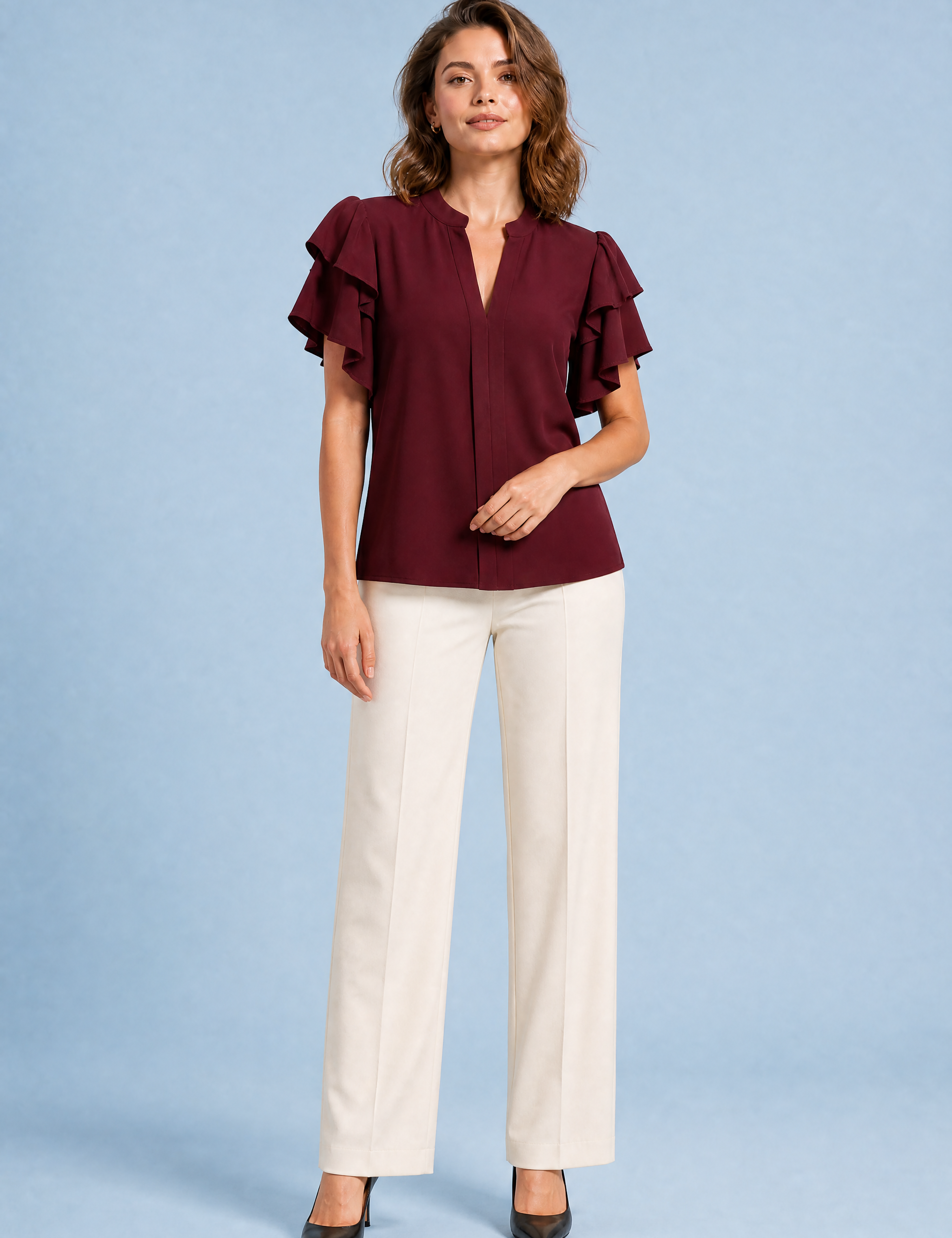 Blouse col V manches volantées | Variante Bordeaux | Lounelle Paris