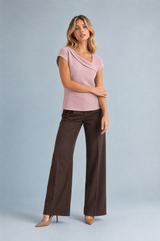 Beige Asymmetric Draped-Neck T-Shirt