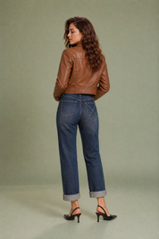 Jean mom bleu foncé taille haute coupe droite | Vue de dos | Lounelle Paris