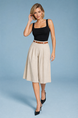 Beige Belted High-Waisted Bermuda Shorts
