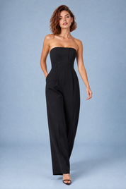 Combinaison noire bustier jambes larges | Vue en mouvement | Lounelle Paris