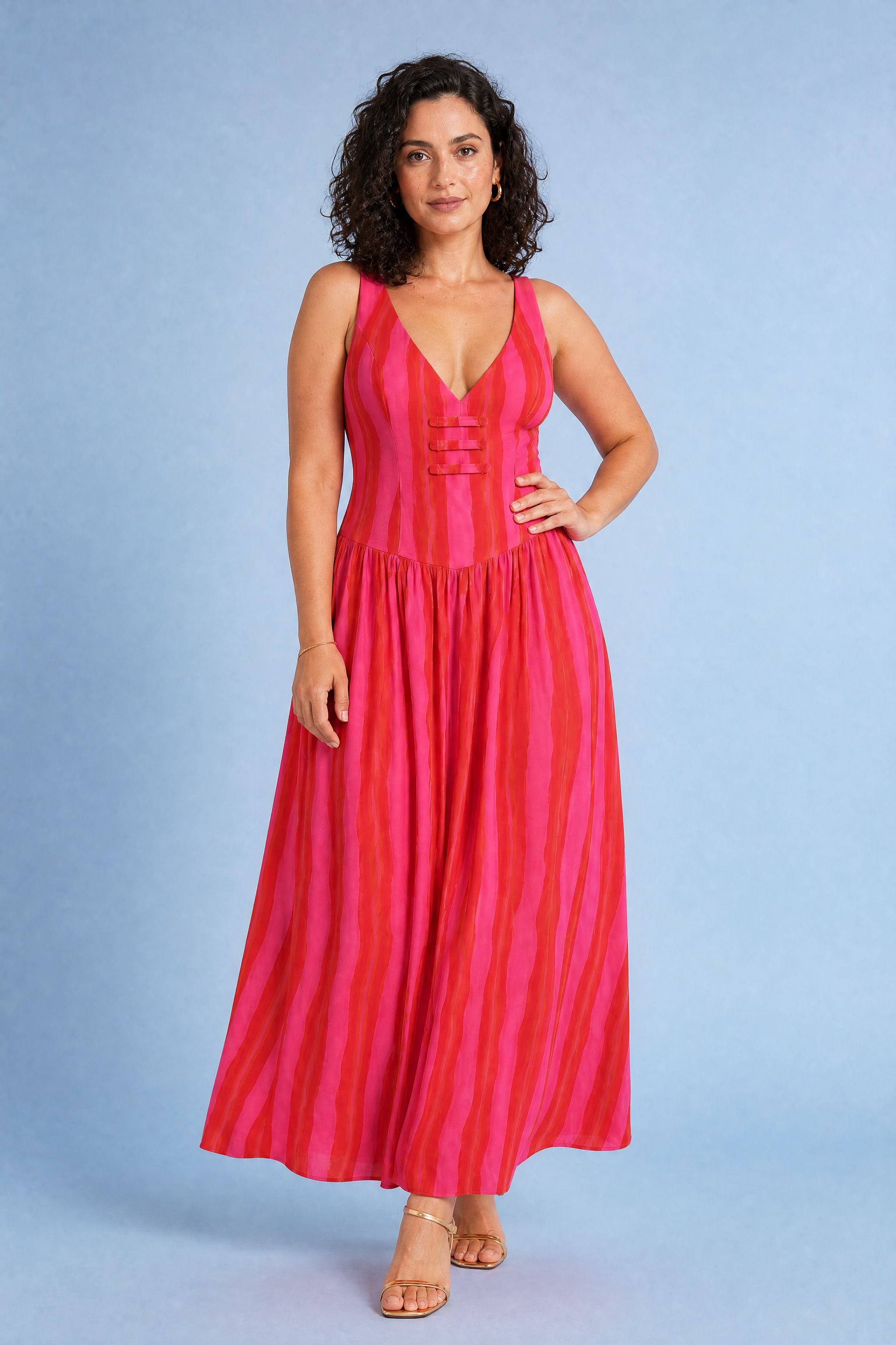 Robe longue rose rayée dos ouvert | Porté sur une autre silhouette | Lounelle Paris