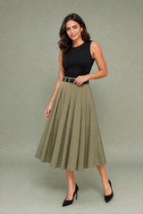 Black and Beige Color-Block Belted Pleated Midi Dress