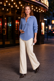 Top maille gaufrée col chemise | Variante Bleu - Lifestyle | Lounelle Paris
