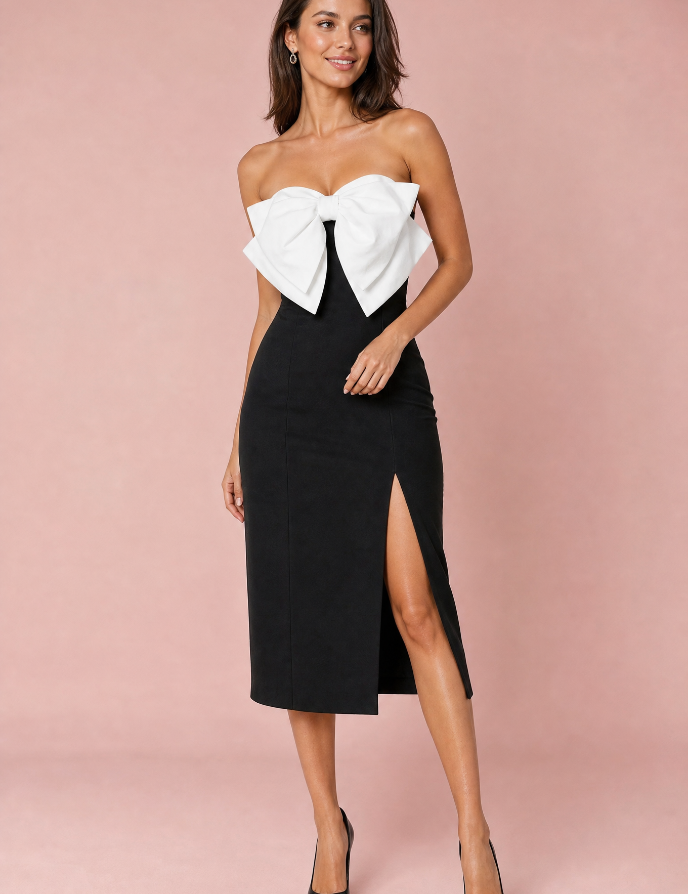 Robe noire à nœud fendue | Vue de face | Lounelle Paris