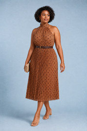 Brown Polka-Dot Halter-Neck Maxi Dress