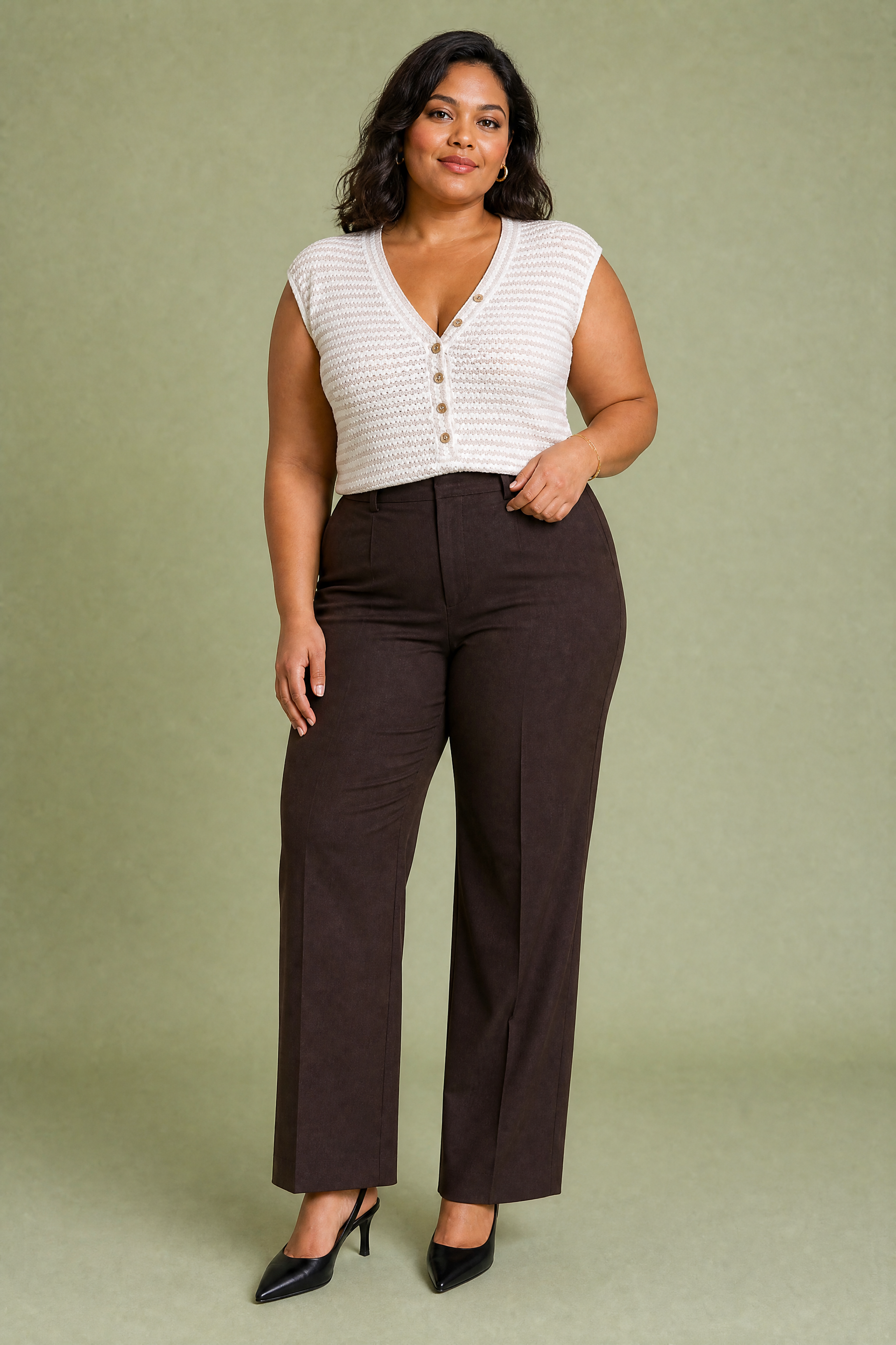 Top maille beige rayé col V | Porté sur une silhouette plus ronde | Lounelle Paris