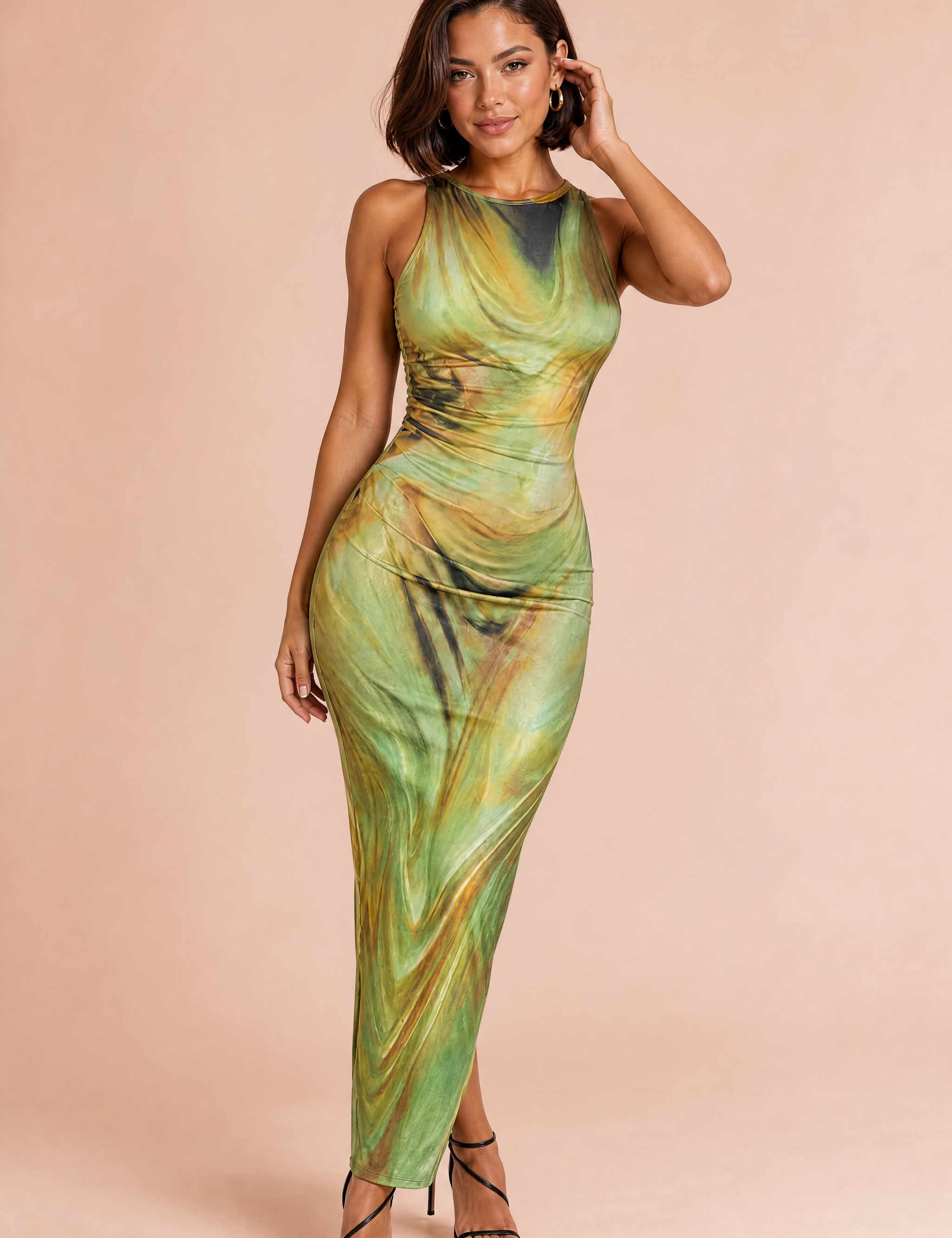 Robe verte imprimée sans manches | Vue de face | Lounelle Paris