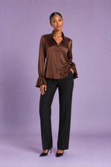 Satin Ruffle-Collar Blouse with Flared Sleeves
