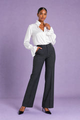 Satin Ruffle-Collar Blouse with Flared Sleeves