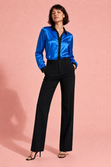 Satin Contrast-Trim Button-Down Blouse
