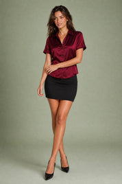 Chemisier satiné manches courtes | Variante Bordeaux | Lounelle Paris