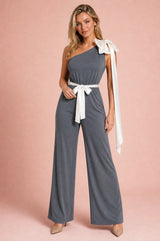 Black One-Shoulder Bow-Detail Jumpsuit
