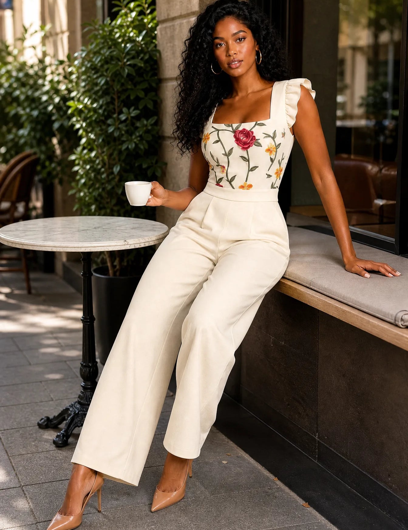 Combinaison beige col carré jambes larges | Photo lifestyle | Lounelle Paris