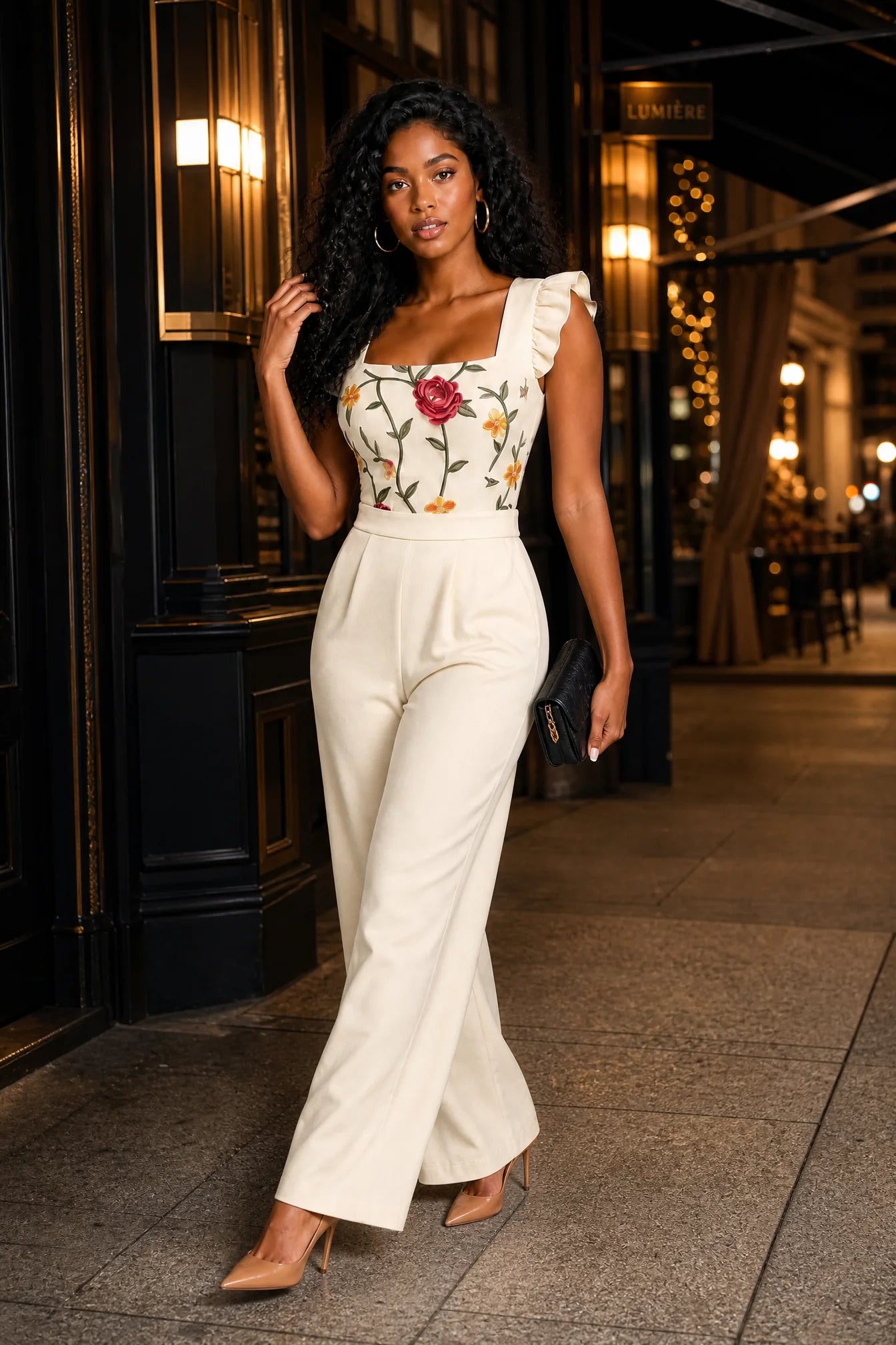 Combinaison beige col carré jambes larges | Deuxième photo lifestyle | Lounelle Paris