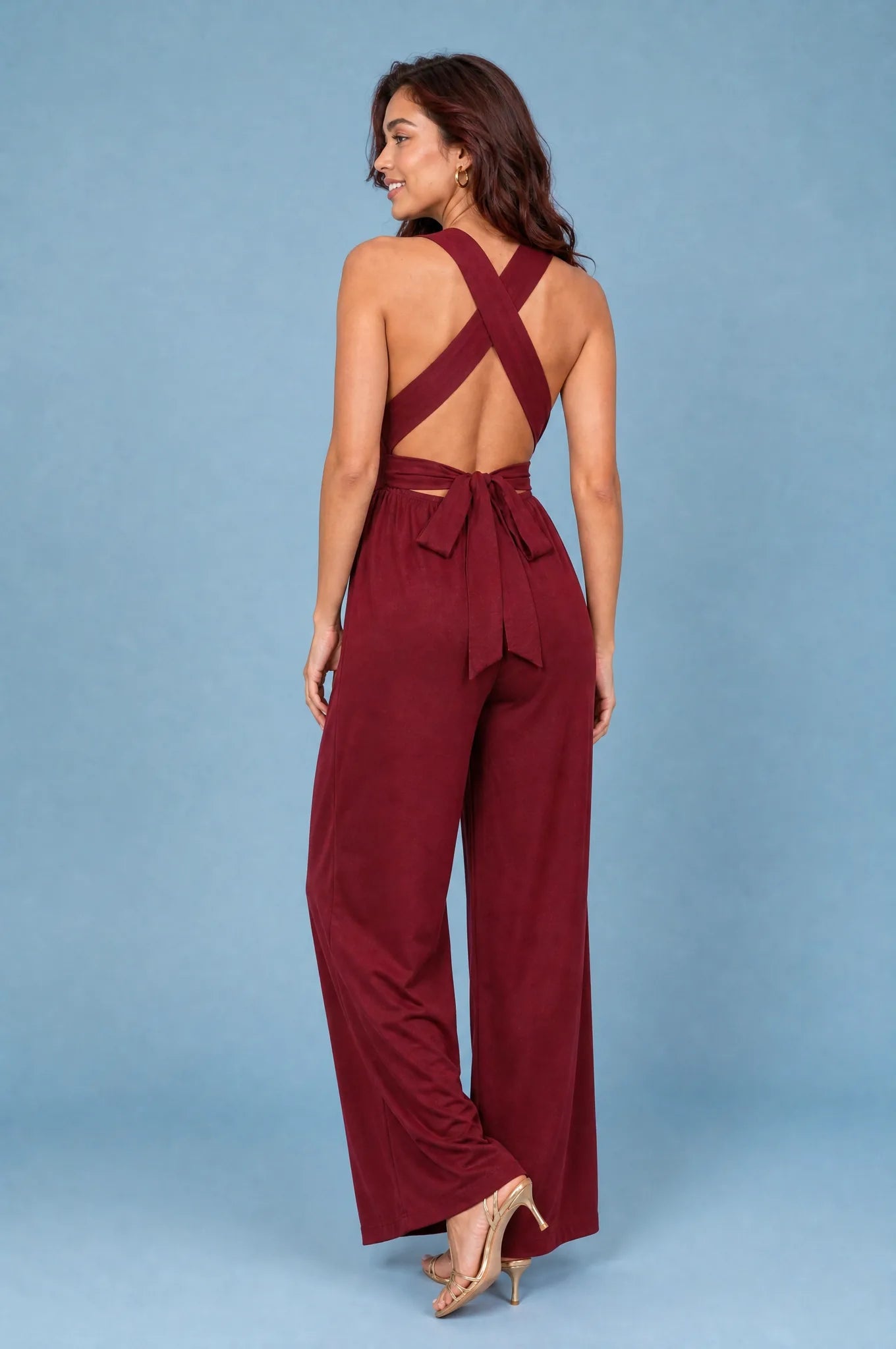 Combinaison bordeaux dos nu jambes larges | Vue de dos | Lounelle Paris