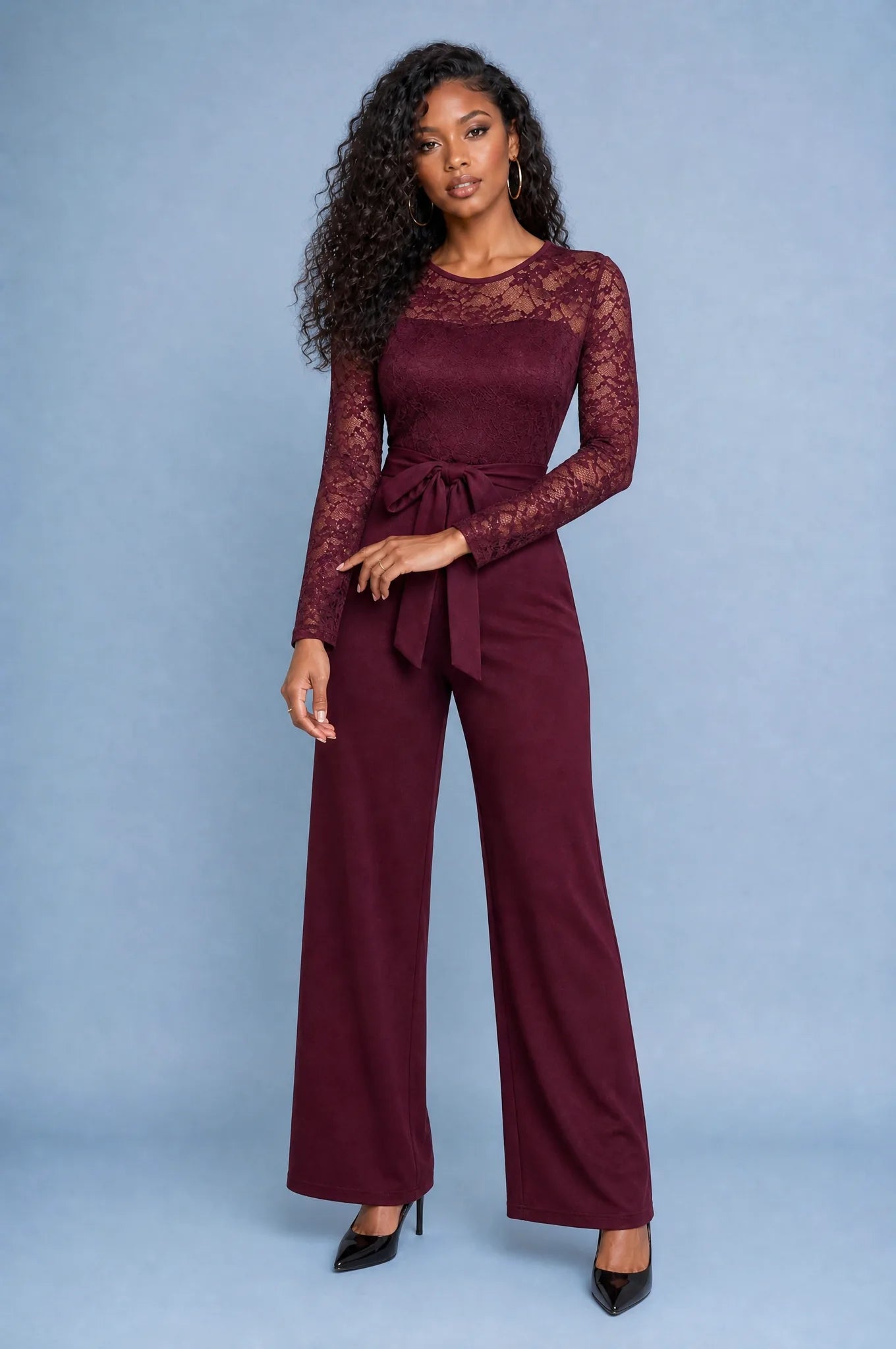Combinaison en dentelle à jambes larges | Variante Bordeaux | Lounelle Paris