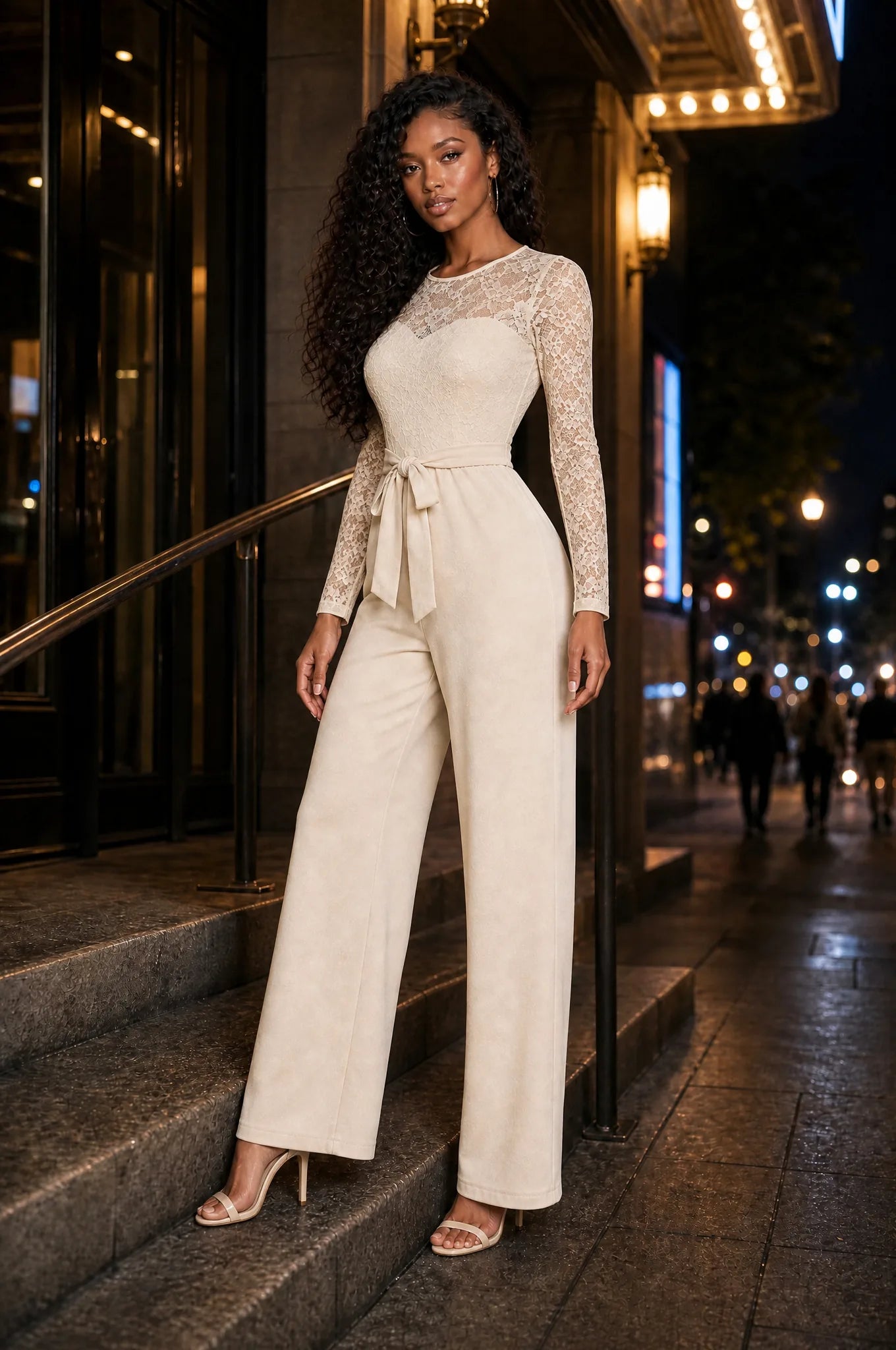 Combinaison en dentelle à jambes larges | Variante Beige - Lifestyle | Lounelle Paris