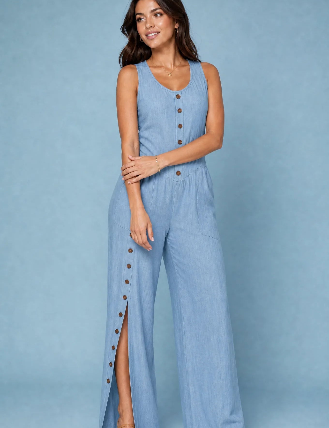Combinaison sans manches boutonnée devant | Variante Bleu | Lounelle Paris