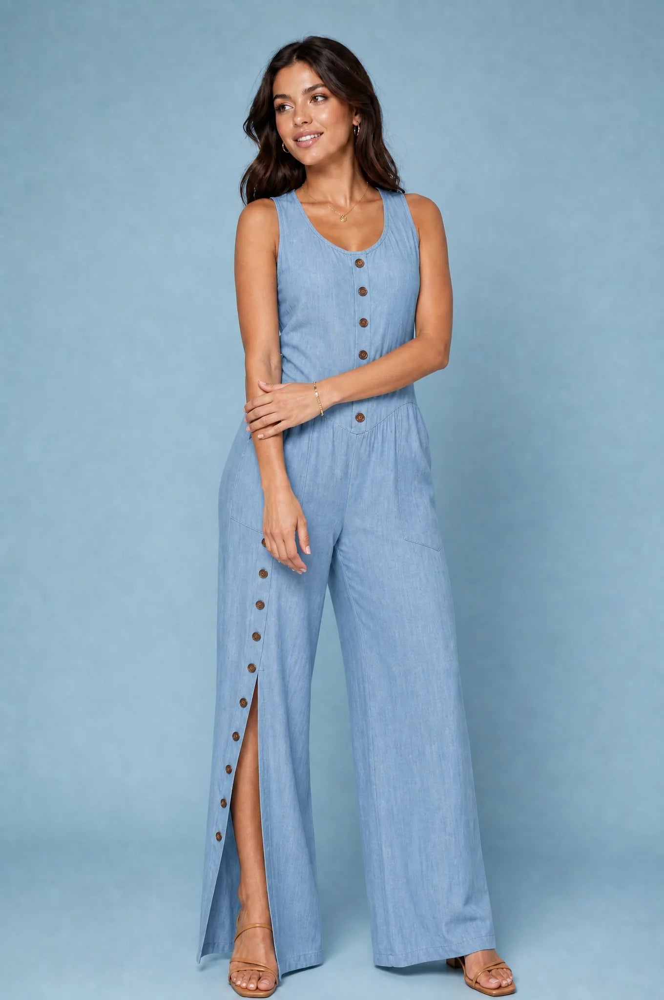 Combinaison sans manches boutonnée devant | Variante Bleu | Lounelle Paris