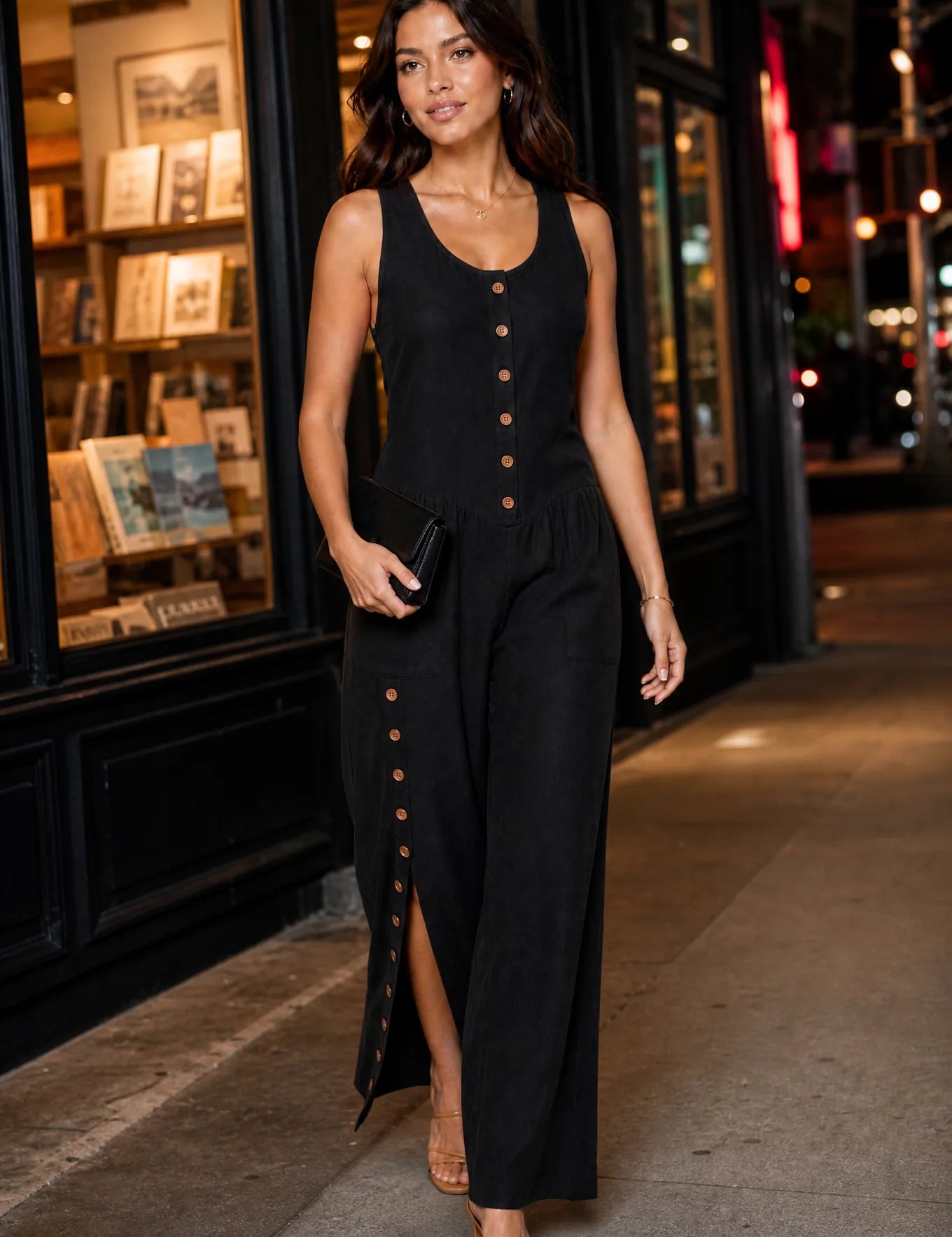 Combinaison sans manches boutonnée devant | Variante Noir - Lifestyle | Lounelle Paris