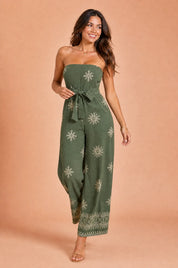 Combinaison verte bandeau dos nu | Vue en mouvement | Lounelle Paris