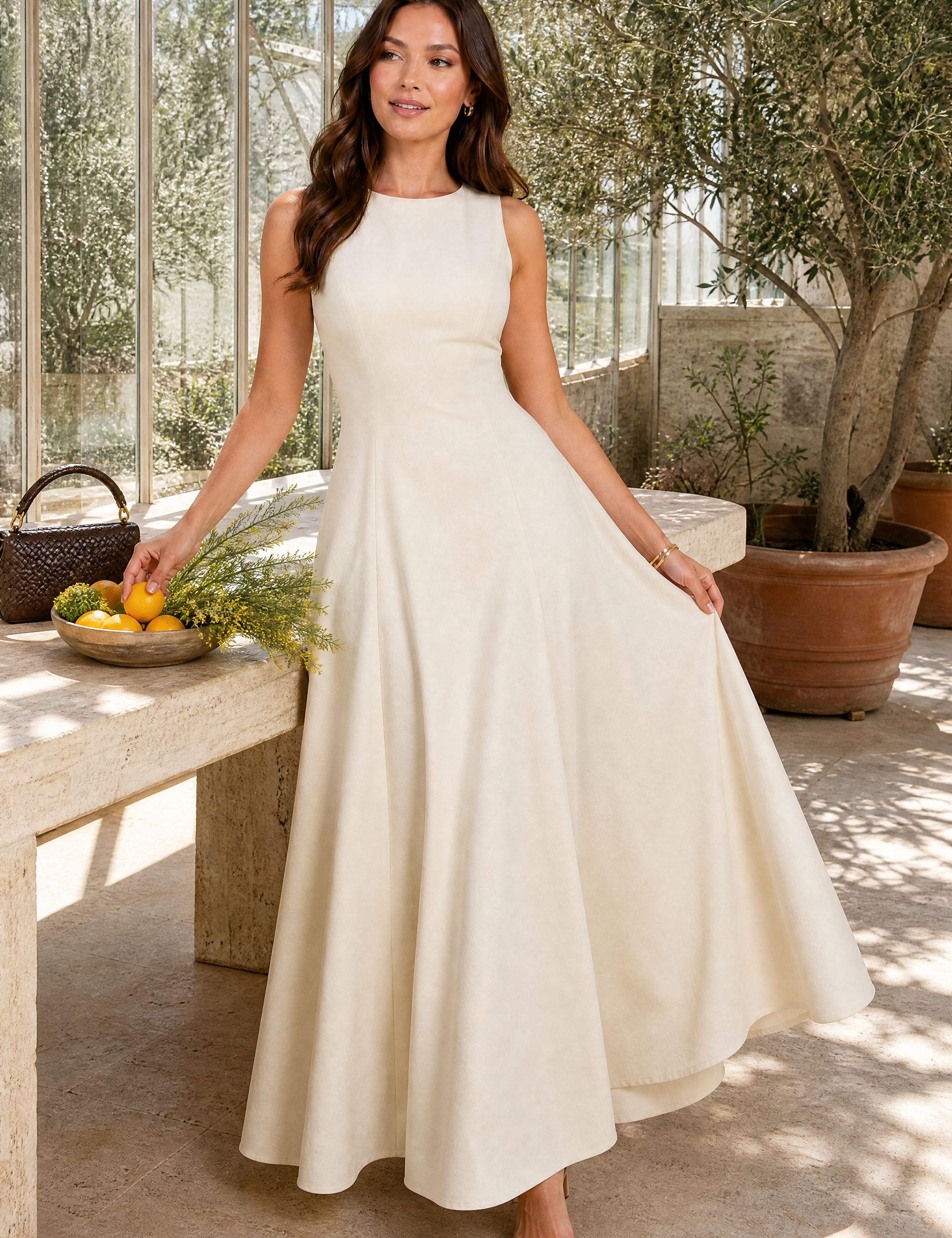 Robe longuecrème évasée sans manches | Photo lifestyle | Lounelle Paris