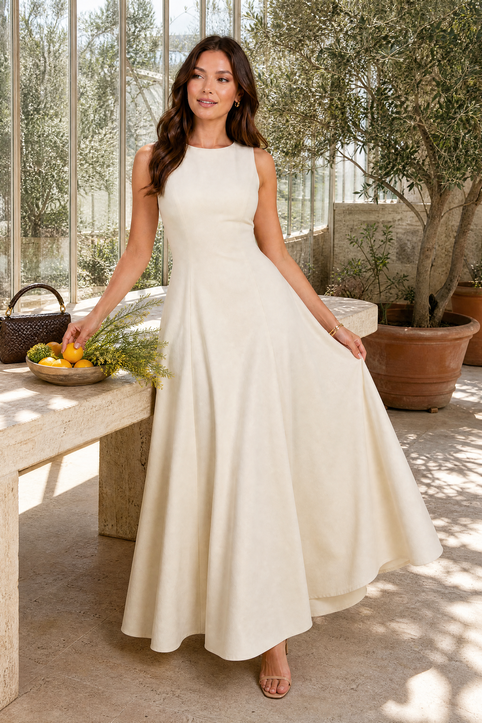 Robe longuecrème évasée sans manches | Photo lifestyle | Lounelle Paris