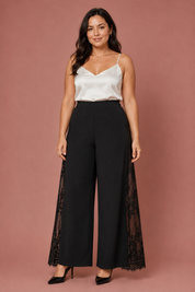 Black Lace-Trim Wide-Leg Pants