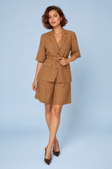 Camel Belted Linen Blazer & Shorts Set