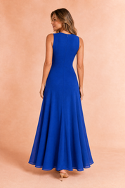 Robe longue bleue fluide sans manches | Vue de dos | Lounelle Paris