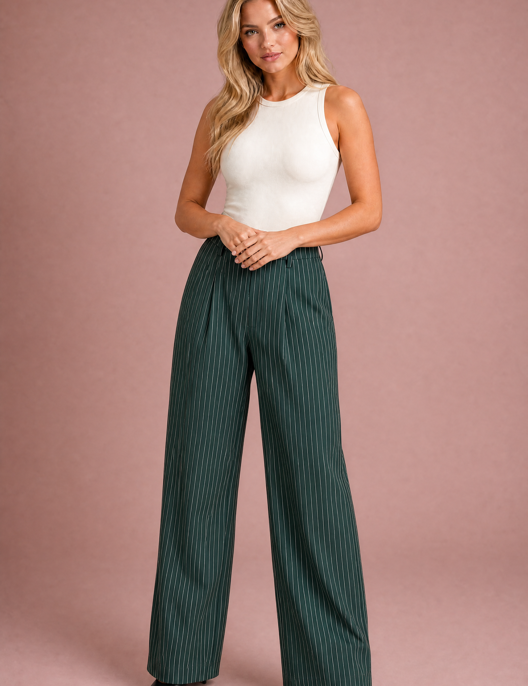 Pantalon large rayé taille haute | Variante Vert | Lounelle Paris