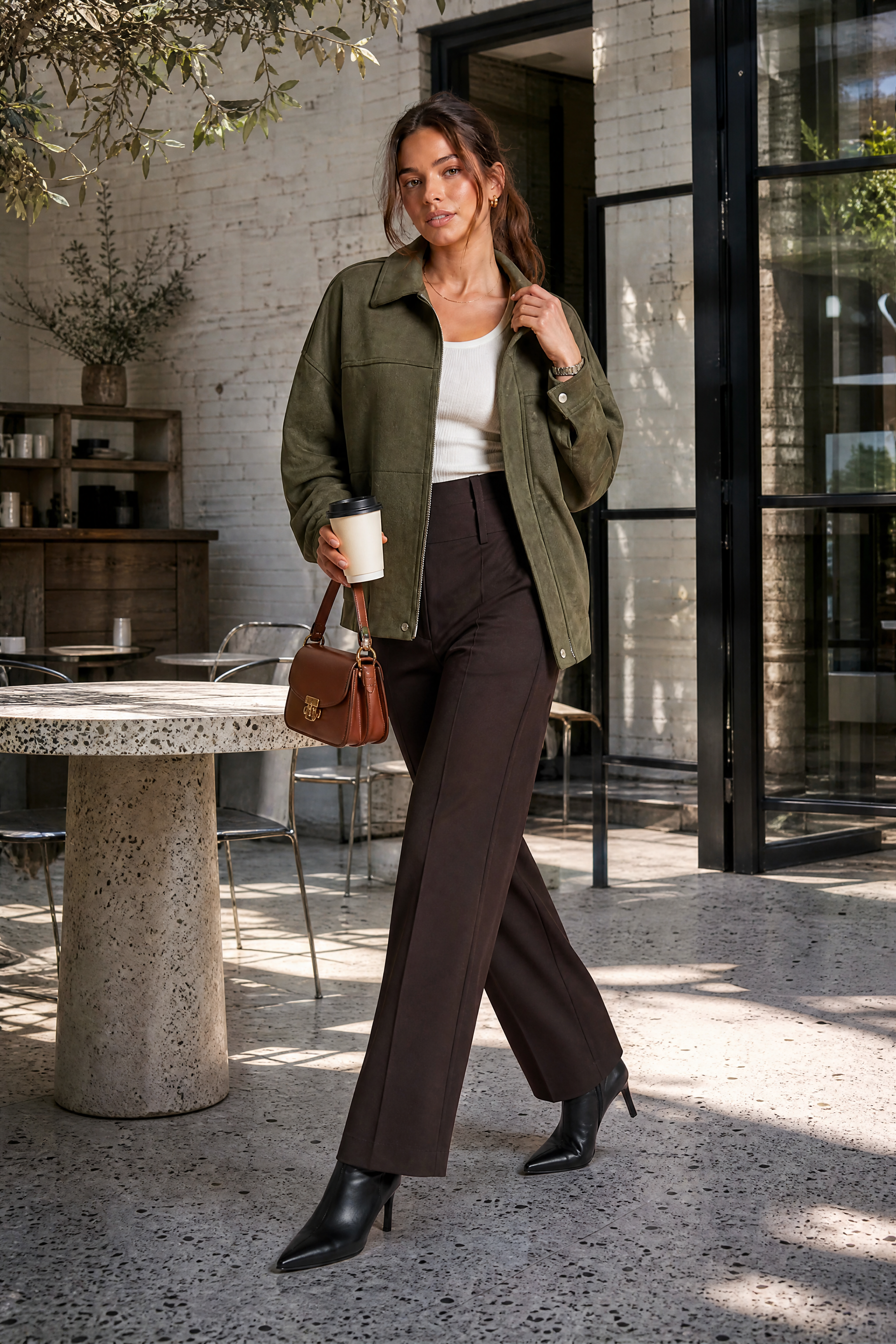 Veste ample vert armée col chemise | Photo lifestyle | Lounelle Paris
