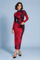 Red Tie-Dye Long-Sleeve Bodycon Maxi Dress