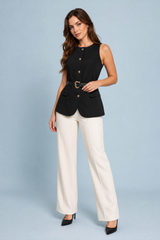 Black belted round-neck cardigan
