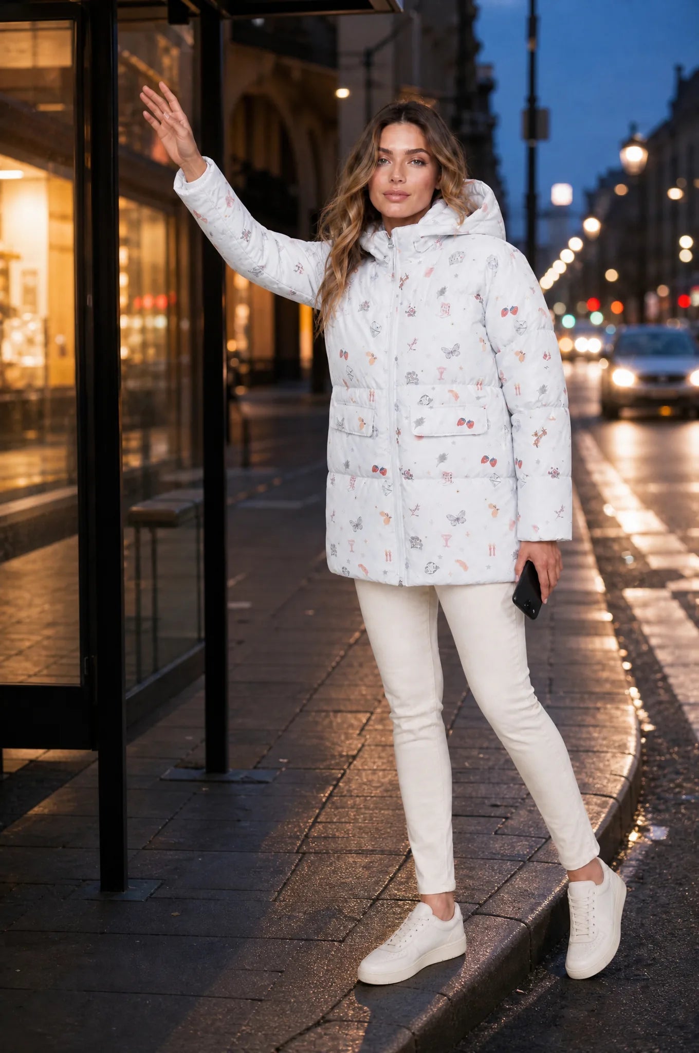 Doudoune à capuche imprimée | Variante Blanc - Lifestyle | Lounelle Paris