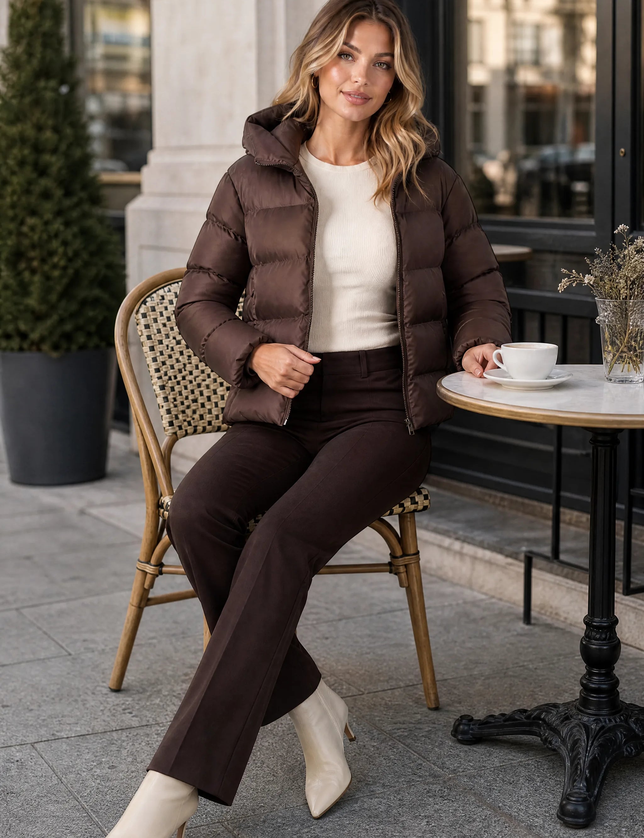 Doudoune courte café à capuche | Photo lifestyle | Lounelle Paris