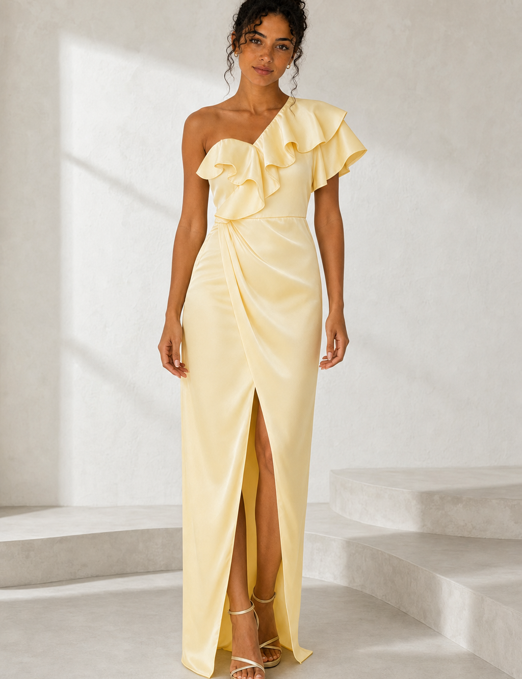 Robe longue satinée asymétrique variante jaune